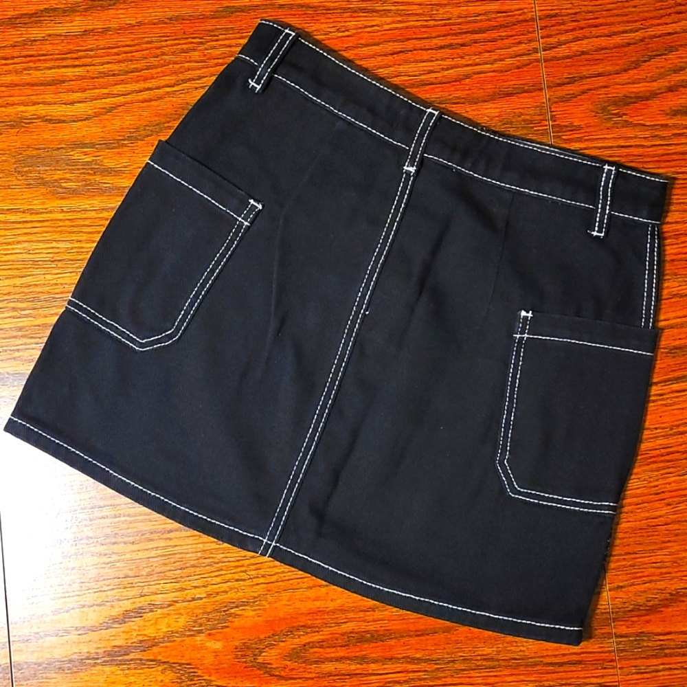 Black Denim Mini Skirt with White Thread Accent Detailing - Contrast - Picture 2 of 3